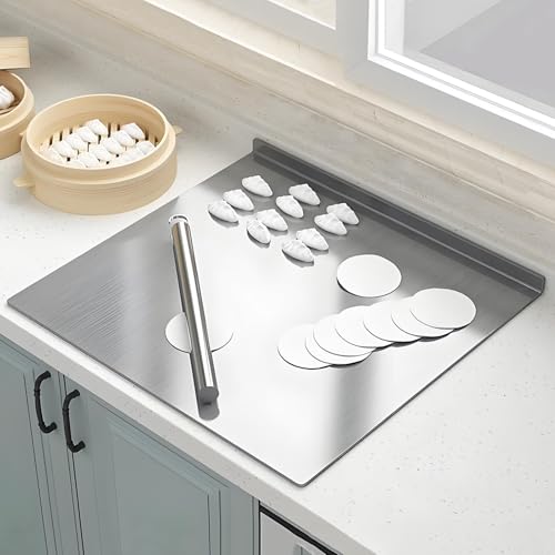 Tabla de cortar de acero inoxidable, superficie duradera para cortar y amasar, protector de encimera de cocina con borde