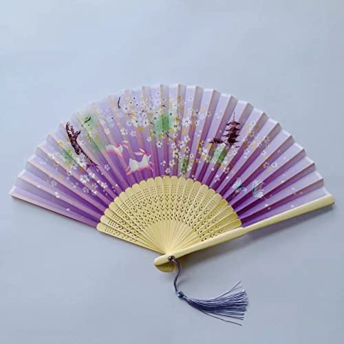 Yukiyi Handfächer für Damen, faltbar, Bambus-Fächer mit Quaste, Seidenstoff, Wanddekoration, Hochzeit, Party (Hellviolett)