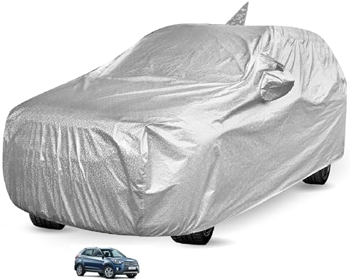Image of Auto Hub Car Cover Compatible with Hyundai Creta Old (Model : 2015-2019) with Mirror and Antenna Pocket and Soft Cotton Lining,Waterproof Creta Car Cover, Metallic Silver