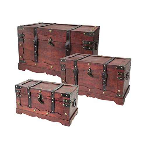 HMF Coffre au trésor en bois, grande Malle au trésor avec serrure décorative pour anniversaire d’enfant | lot de 3 | différentes tailles | France