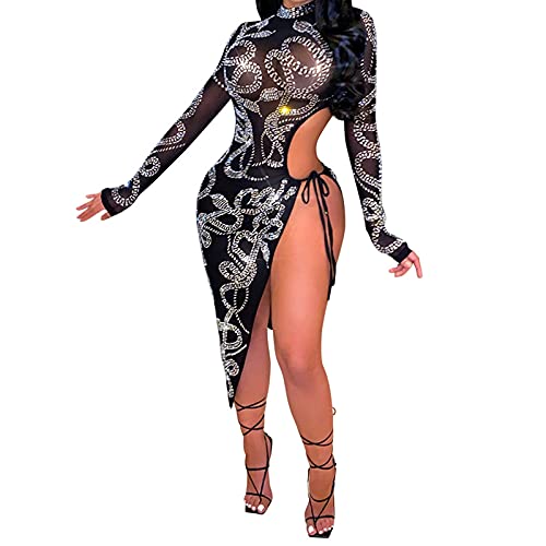 Women Sexy Long Sleeve Hollow Out Bandage Hot Diamond Process Party Clubnight Bodycon Midi Cocktail Dresses Black M