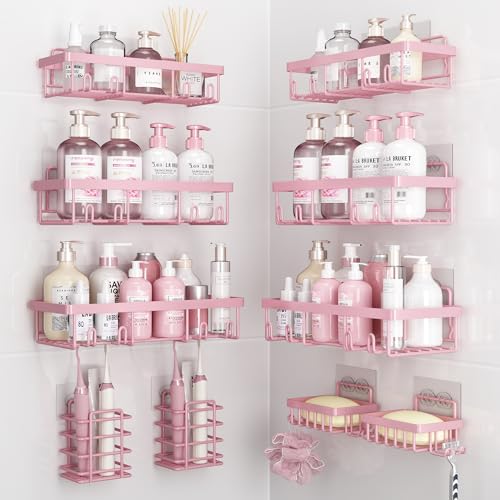 Image of Liuoud 10 Pack Shower Caddy Organizer Rack Shelf for Inside Shower, Self Adhesive Wall Storage Basket Rustproof Stainless Steel Shampoo Holder Bathroom Accessory Decor Set, Pink