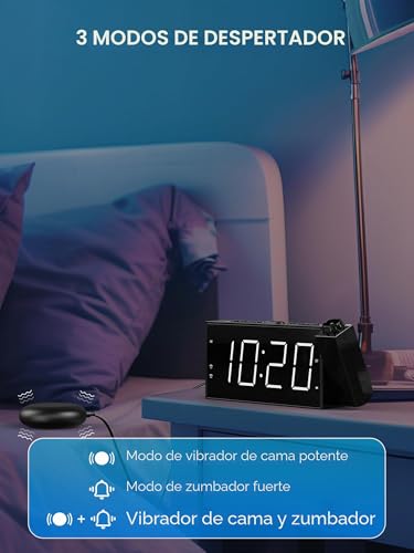Miniatura 3 de Mesqool Despertador Para Sordos Con Vibracion, Despertador Proyección Con 180 Proyector, Gran Pantalla Led, 5 Brillos, 2 Relojes Despertadores, Snooze Para Dormitorio Oficina Cocina