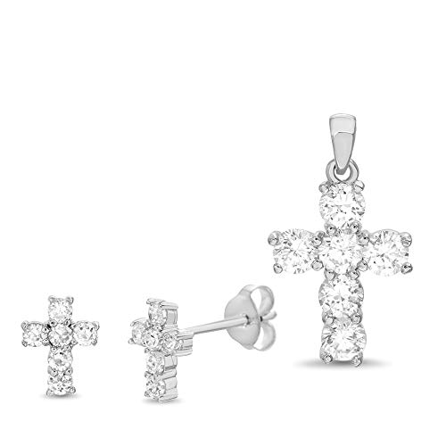 MIA SARINE Rhodium Plated Sterling Silver Round Cubic Zirconia Cross Stud Earring and Pendant Set for Women