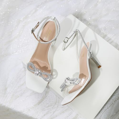 Image of Susanny Women's Closed Toe Rhinstone Wedding Low Heel Slingback Clear Kitten Heels,Adjustable Strap Pointed Toe Bow Pumps High Heeled Prom Dress Shoes