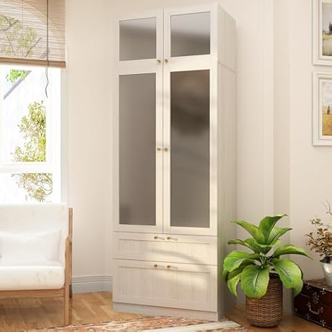 Hitow Wardrobe Cabinet with Frosted Glass Doors, Wooden Armoire Closet with 2 Drawers, Hanging Rod & Top Cabinet, Modern Bedroom Wardrobe for Storage Organize, Wood Grain (31.5"W x 19.9"D x 86.6"H) Cover