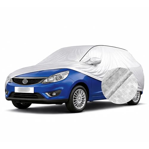 Image of SEAZEN Waterproof Car Cover for Tata Zest | Dustproof, UV & Scratch Resistant Soft Cotton Lining | Triple Stitched, Mirror Pockets & Elastic Hem | Metallic Silver with Black Piping