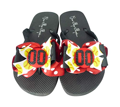 Red Polka Dot Softball Flip Flops with Glitter Bows & Player Number