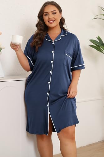 Image of Vozanet Women Button Down Nightgown Plus Size Nursing Nightshirt Boyfriend Nighty Bridal Sleepdress with Pockets XL-5XL