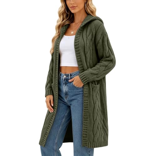 Floobei Damen Outfit,Lang Strickjacke Damen Open Front Cardigan Zopfmuster Strickmantel Warme Kapuzen Winterpulli Herbst Winter Grobstrick Langarm mit Taschen Strickcardigan Herbstjacke