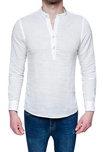 Chemise de lin homme blanche Evoga à col montant pour un style décontracté