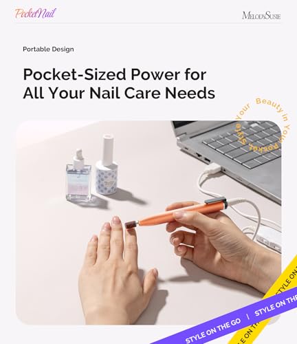 Image of MelodySusie PocketNail Slim Ergonomic Pen-Shaped USB Nail Drill, PC100G 20000RPM Portable Electric File for All Manicure, Pedicure Nail Care, Shaping & Gel Removal at Home for Beginners