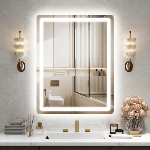Image of 28 inch x 36 inch Led Bathroom Mirror with Lights, Anti-Fog & Tri-Color Lighting - Wall Mounted Shaving Mirror with Touch Sensor, Waterproof & Smart LED Vanity Mirror,Tempered Glass, Dimmable Smart Mirror