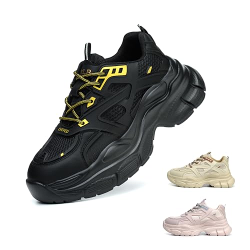 Gugifcto Zapatos de Seguridad para Mujer Zapatillas de Trabajo con Puntera de Acero Cómodos Ligeros Antideslizante Black 39 EU