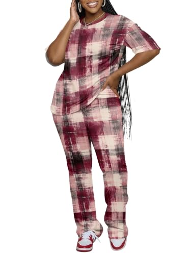 ZCC 2 Piece Sets For Women Plaid Printed Casual Lounge Wear Travel Outfit