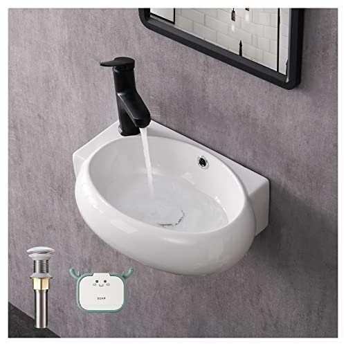 Pakroman Wall Mount Vessel Sink Oval Bathroom Vessel Sink Modern Bathroom Sink 16"X11" Porcelain Ceramic Corner Sink White Vessel Sink Vanity With Overflow And Pop Up Drain, Soap Dish - Left Hand #TOP19