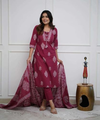 Image of DR DIGITAL Women's Cotton Printed Straight Kurti with pant and Dupatta Set