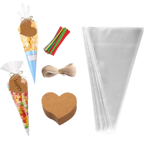 100pcs Sachet Cône Transparent Bonbons Sacs Cellophane Plastique avec Liens Torsadés Sachet Pop...