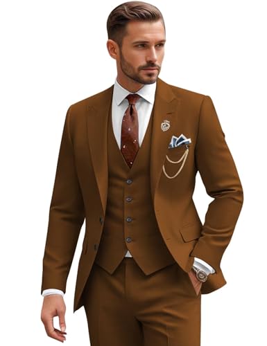 SPTALLFITJSV Brown Suits for Men Regular Fit Brown Pant Suit Set for Wedding Groomsmen Suits for Wedding Peak Lapel Homecoming Outfits for Men Fashion 2025 L