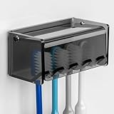 Toothbrush Holder Wall Mounted with Cover for Bathroom, 4 Slots Toothbrush Storage Organizer for Shower, Self Adhesive Toothbrush Hanger Rack for Dorm, Cabinet (Gray Clear)