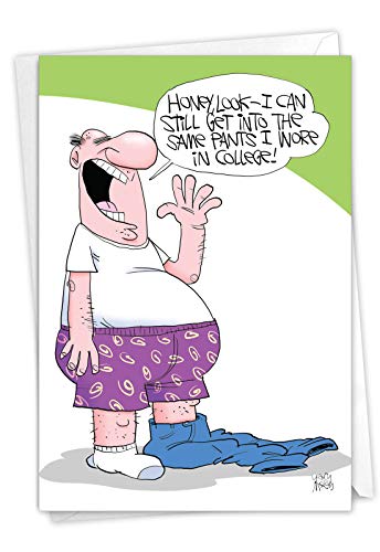 NobleWorks - 1 Happy Birthday Card with Funny Cartoons - Mature Humor Notecard with Envelope, Celebrate Birthdays - College Pants C6957BDG