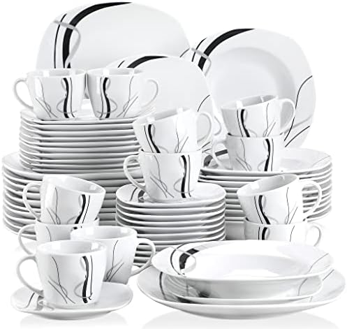 VEWEET 'Fiona' 60-Piece Dinner Set Ivory White Black Lines China Ceramic Combination Sets with Dessert Plates/Soup Plates/Dinner Plates/Cups/Saucers, Service for 12