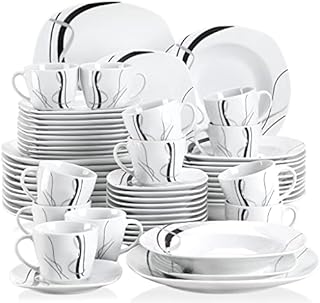 VEWEET 'Fiona' 60-Piece Dinner Set Ivory White Black Lines China Ceramic Combination Sets with Dessert Plates/Soup Plates/Dinner Plates/Cups/Saucers, Service for 12