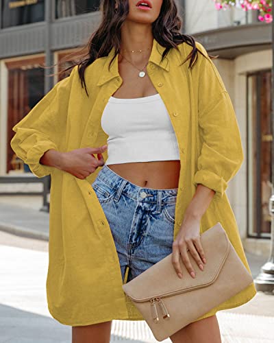 Image of FSHAOES Womens Oversized Button Down Shirts Casual Loose Long Sleeve Solid Lapel Long Blouses Tops with Pockets