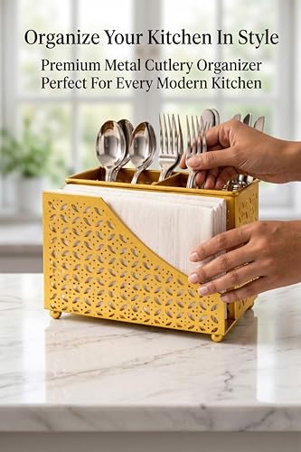 Image of Cutlery Holder for Dining Table with Tissue Holder | Golden Metal Spoon Fork Knife Stand Organizer | Tabletop Cutlery Stand for Kitchen