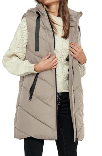 JDY Damen 3/4-lange Steppweste mit Kapuze JDYSkylar Padded Hood Waistcoat 15220630 Simply Taupe/Black XXL