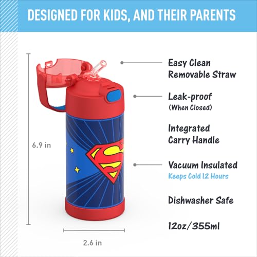 Image of THERMOS FUNTAINER Water Bottle with Straw - 12 Ounce - Kids Stainless Steel Vacuum Insulated Water Bottle with Lid, Superman