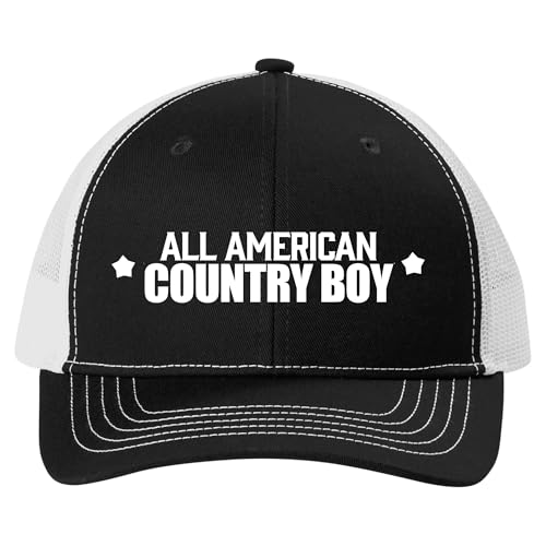 Trenz Shirt Company Youth Embroidered Mesh Back Trucker Hat - All American Country Boy Design, Black/White