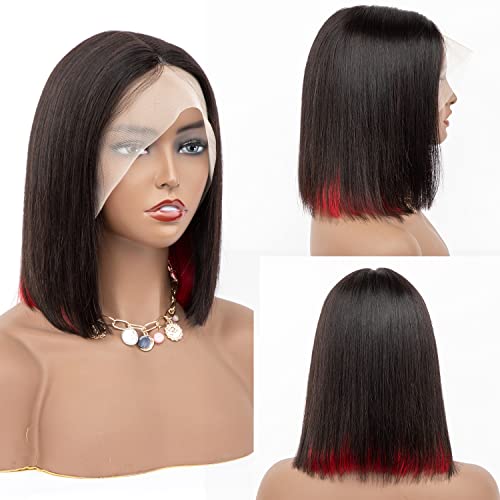 Originea Highlight Bob Wig Human Hair 13x6x1 Lace Front Wig Red Highlight Ombre Short T-Part Straight Bob Peekaboo Wigs for Women 12 Inch 150% Density (12 Inch - Image 2