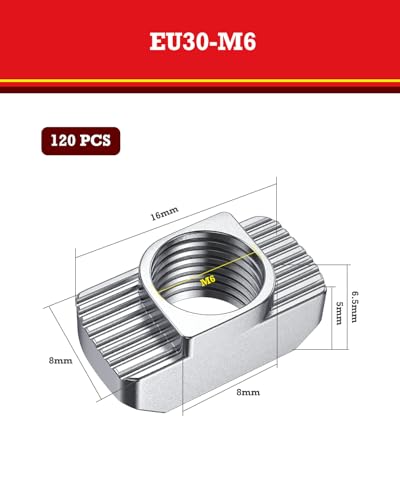 YOOPIN 120 Stück Nutensteine Hammerkopfmutter 8mm Nut 8, M6 Gewinde 3030 Profil T-Slot Nutmuttern, Kohlenstoffstahl Nutensteine M6, T-Nutmuttern für Aluminiumprofil Extrusionsschlitz (EU30-M6)
