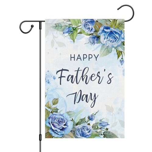 Louise Maelys Happy Fathers Day Garden Flag 12x18 Double Sided Burlap Blue Floral Rose Garden Flags Banners Vertical for Daddy Papa Grandpa Fathers Day Outdoor Home Decor (Only Flag)