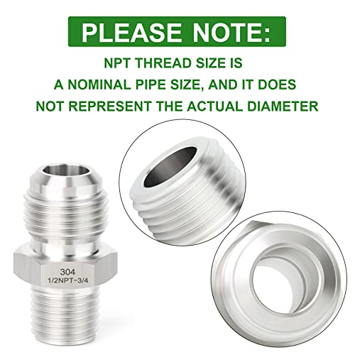 Image of TAISHER 5PCS Forging of 304 Stainless Steel Tube Flare Fittings, 3 /4 inch Male Flare x 1 /2 inch NPT Male, Half Union