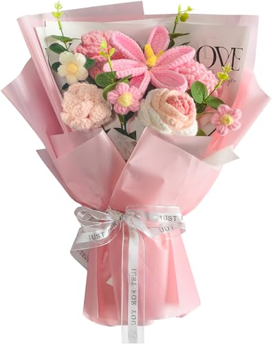 Crochet Flowers Bouquet 8PCS, Handmade Knitted Artificial Crochet Flower Gifts - Tulips Roses Daisies Carnations, Preserved Flowers for Mother's Day Valentine's Day Birthday Home Decor- Pink