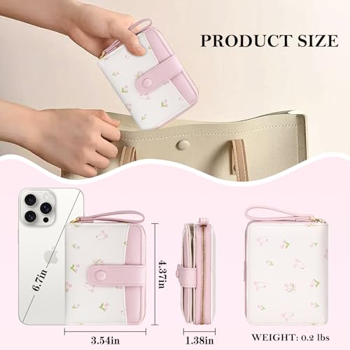 Image of BIAOTIE Wallet for Women Cute Floral Flower Wallet RFID Credit Card Holder Purse Small Bifold Zipper Coin Pocket Purse with ID Windows (T- Pink)