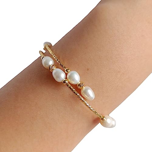Bracelet jonc acier mémoire et perles d'eau douce véritables de haute qualité