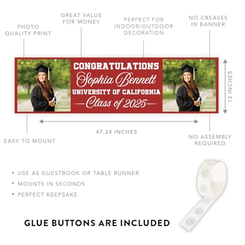 Andaz Press Large 13x48-Inch Personalized Graduation Banner Class of 2025 Sign Custom Photo, Red, Graduation Decorations Class of 2025 for High School, College University Congratulations Banner - Thumbnail 2