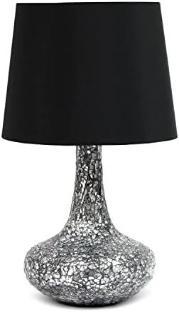 LT3039-BLK 14.17” Contemporary Mosaic Tiled Glass Genie Standard Table Lamp with Matching Fabric Shade for Home Décor, Bedroom, Living Room, Foyer, Office, Black/Silver