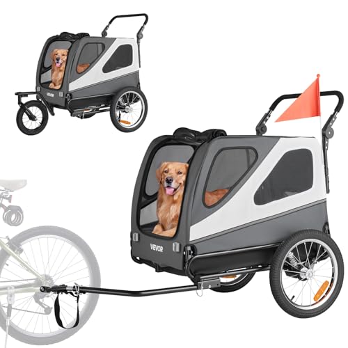 VEVOR Dog Bike Trailer, Supports up to 100 lbs, 2-in-1 Pet Stroller Cart Bicycle Carrier, Easy Folding Cart Frame with Quick Release Wheels, Universal Bicycle Coupler, Reflectors, Flag, Black/Gray