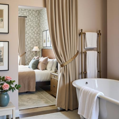 Image of Latte Velvet Curtains Warm Back Tab 52x96 Inch 2 Panels | Soft Velvet, Blackout, For Bedroom & Living Space, Light Shifting Texture, Elegant Drape, Neutral