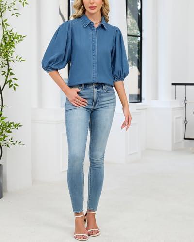 Women's Puff Sleeve Denim Shirt Button Down Lightweight Casual Jean Blouses3
