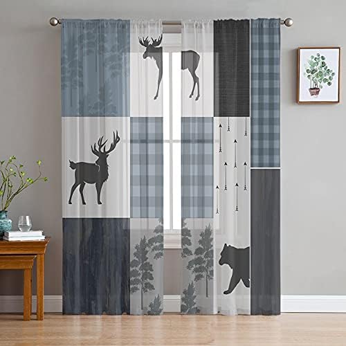 Rustic Bear Moose Sheer Curtains 63 Inch Length 2 Panels for Living Room, Retro Farmhouse Forest Animals Volie Curtain with Rod Pocket, Blue Buffalo Plaid Window Treatment Drapes for Cafe/Bedroom