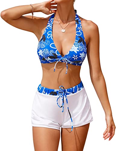 RITOSTA Bikinis Mujer Push Up Traje de Baño Bañadores de Conjunto de Sujetador Acolchado Bikini Brasileño Biquini Deportivo Bañador Natacion Mujer Cuello Halter Cuello en V (Azul + Estampado,L)