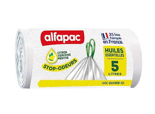 Alfapac – 25 bolsas de basura 5L con enlace deslizante para detener olores con aceites esenciales – fabricadas en Francia