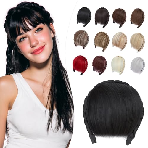 Elailite Flequillo Postizo Pelo Corto Hairband # Negro, Flequillos Falso Postizos Diadema para Mujer 55g