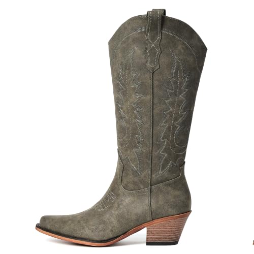 Image of Women's Pointed Toe Mid Calf Cowboy Boots - Cowgirl Boots with Chunky Heel