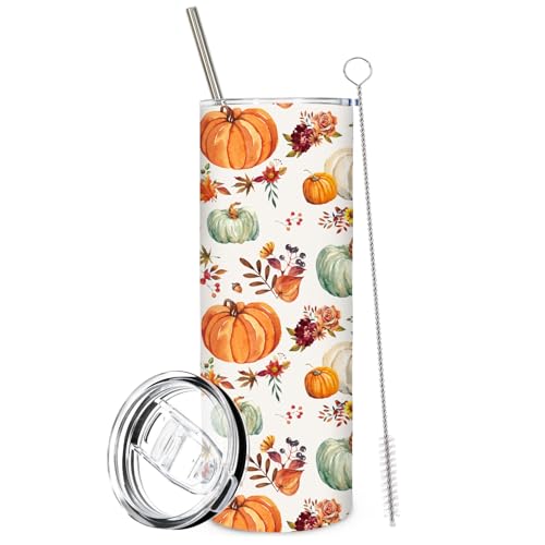 Whaline Fall Tumbler with Lid and Straw Watercolor Pumpkin Leaves Flower Stainless Steel Cup Orange Green Tumbler Cup Gift for Autumn Thanksgiving Decor Supplies
